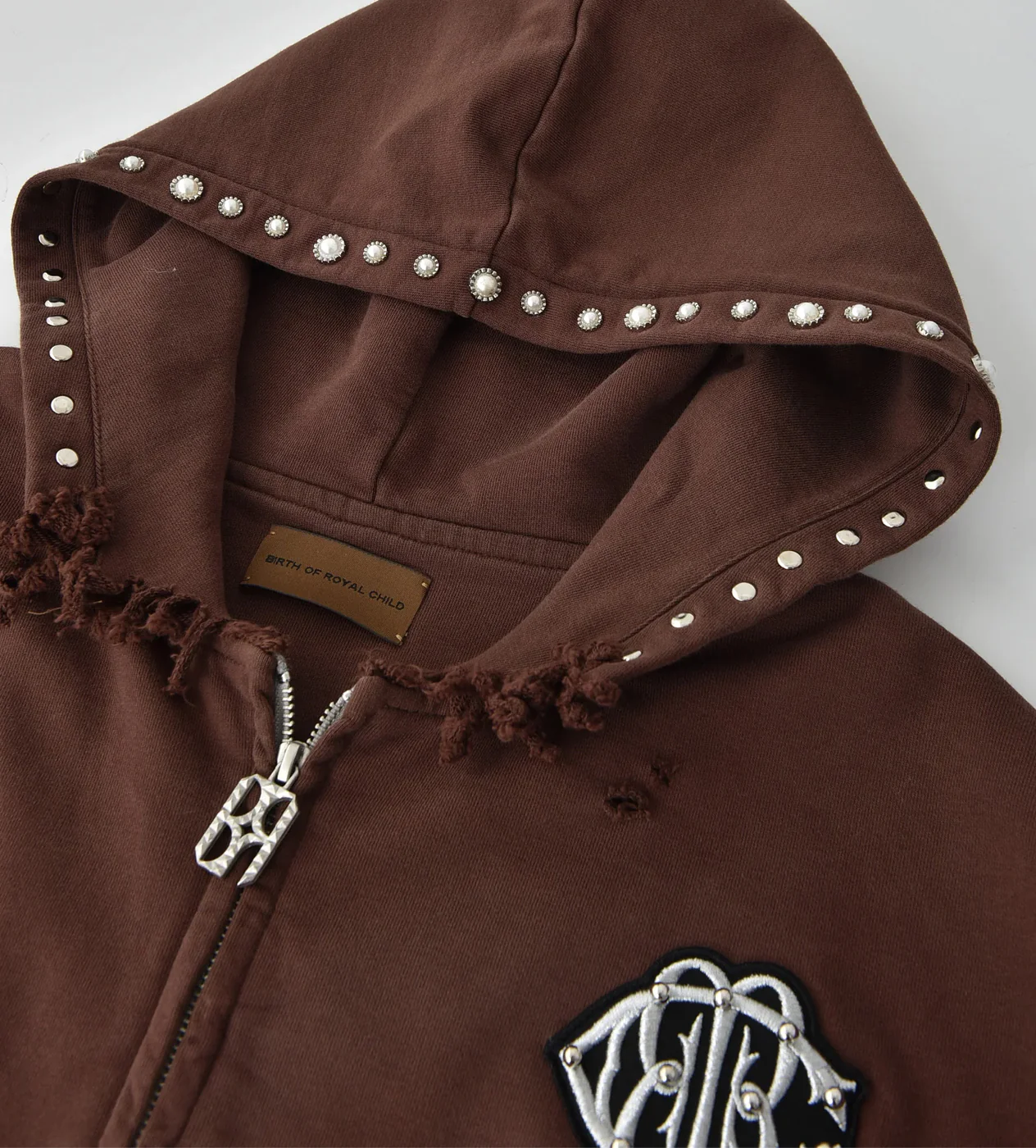 Birth of Royal Child Pearls Studded Boxy Zip Up Brown - Image 3