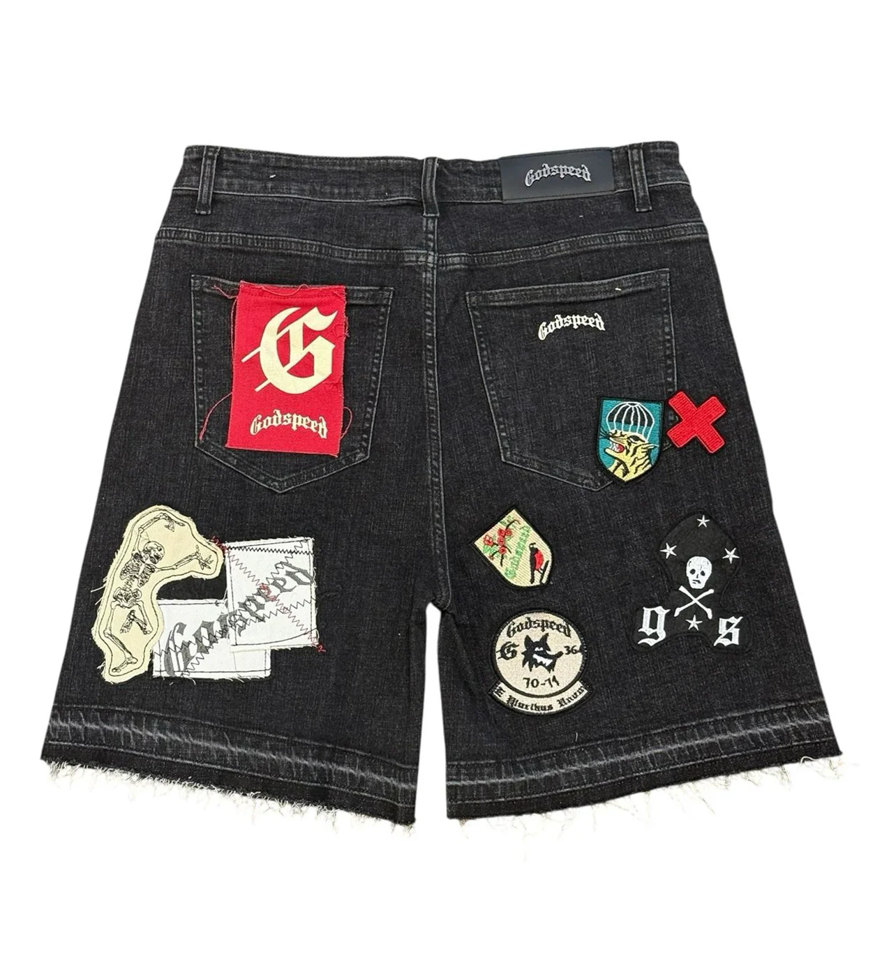 Godspeed Patchwork Brand Boom Denim Shorts Black - Image 2
