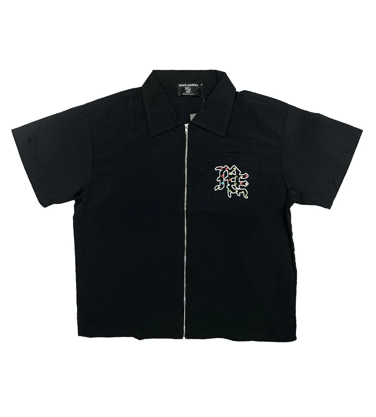 Mixed Emotion Rhinestone Zip Up Shirt Black