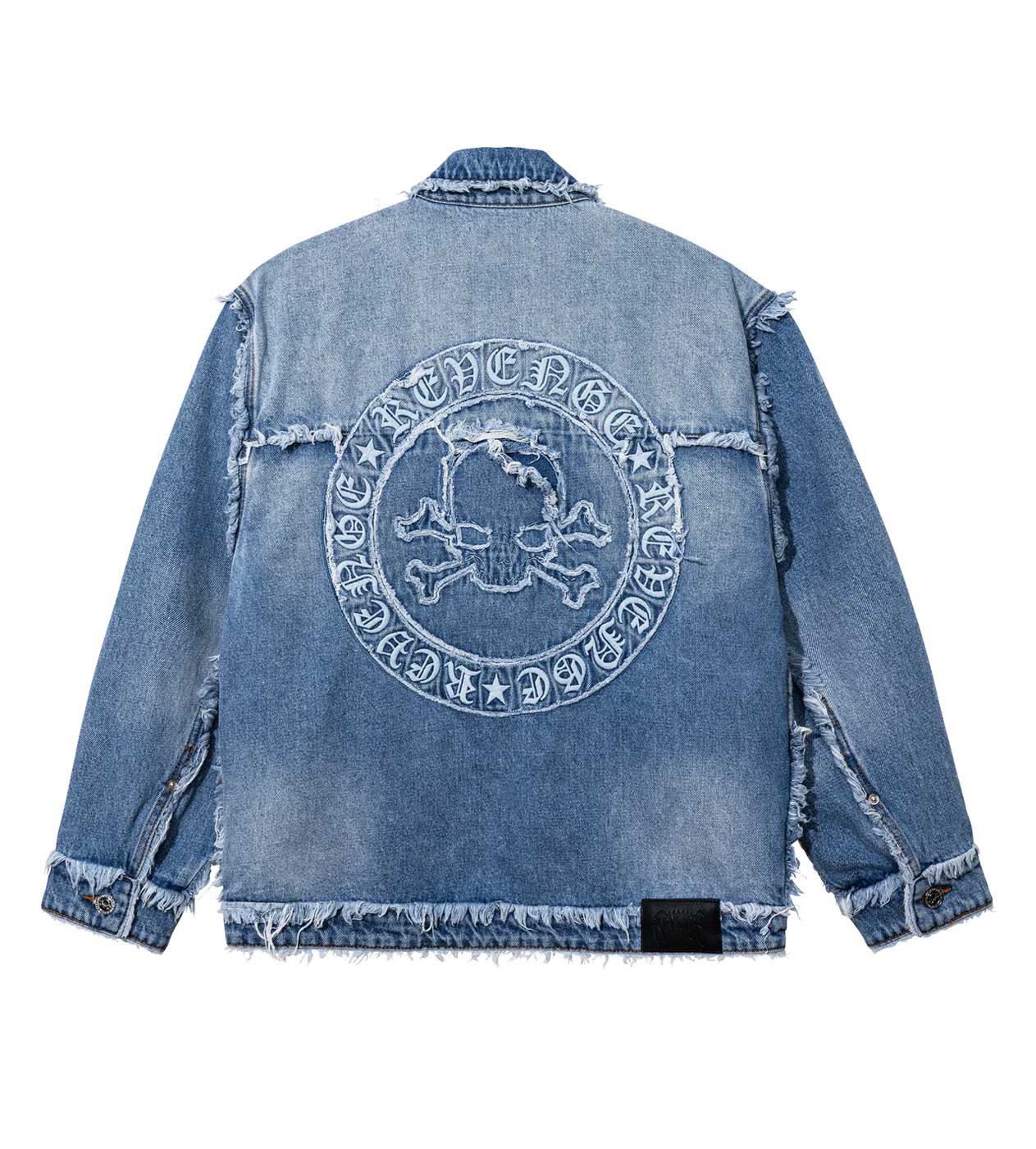 Revenge Frayed Skull Patched Denim Jacket Indigo - Image 2