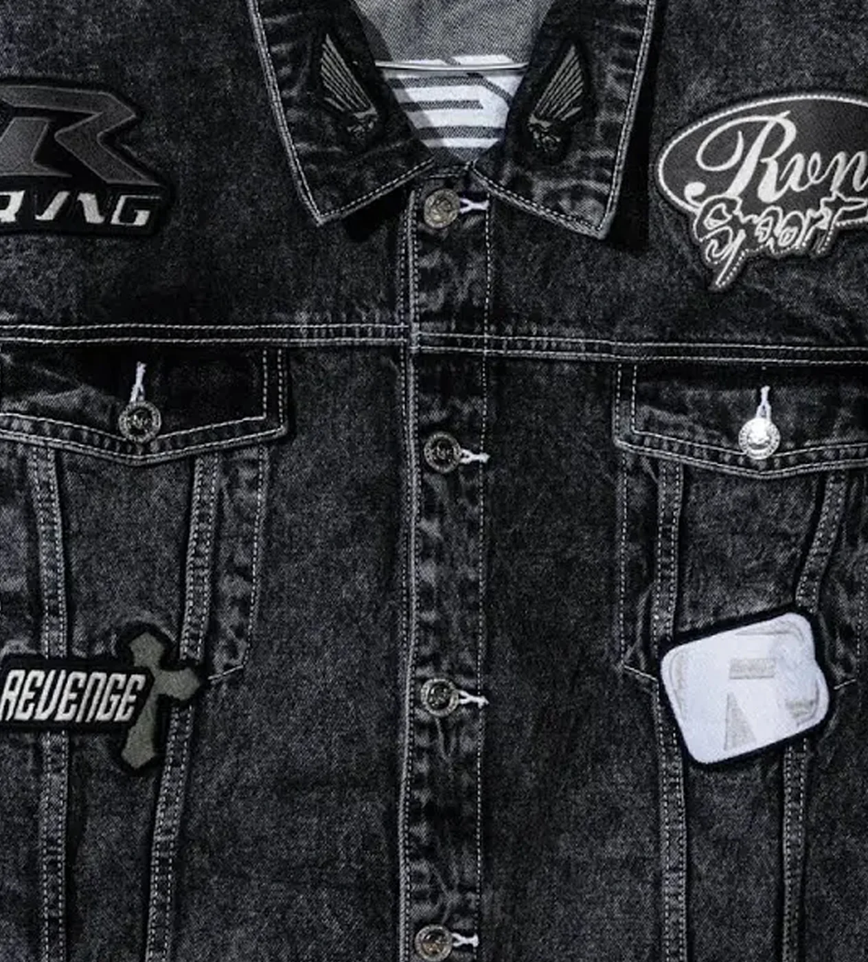 Revenge Moto Patch Denim Jacket Washed Black - Image 3