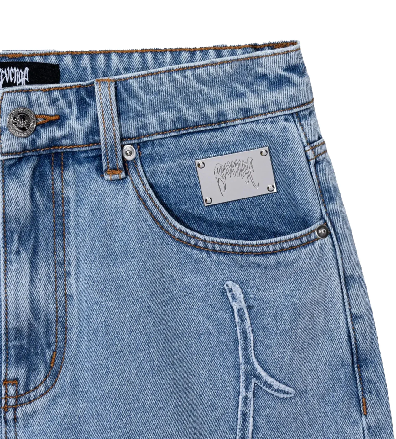 Revenge Spider Web Embroidered Denim Short Indigo - Image 3